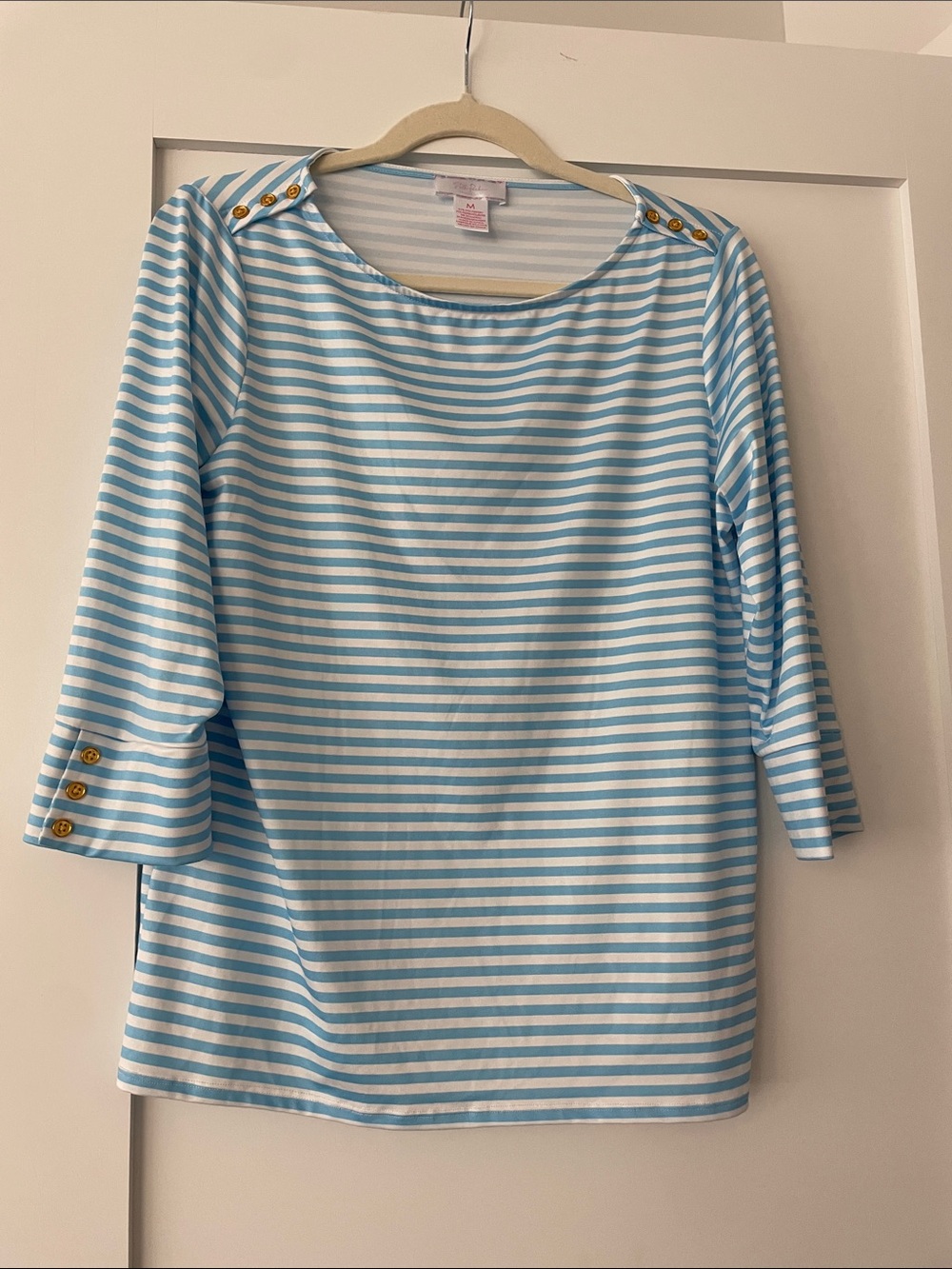 Striped Blue & White Button-Accent Women’s Top